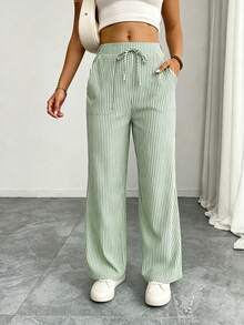 Women's Elegant Casual Striped Pocket Straight Leg Pants, Spring/Summer - Olive Green - View 2