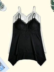 4pcs Solid Color V-Neck Lace Patchwork Semi-Sheer Comfortable Sexy Built-In Padded Adjustable Strap Plus Size Women's Camisole Tank Top - Multicolor - View 5