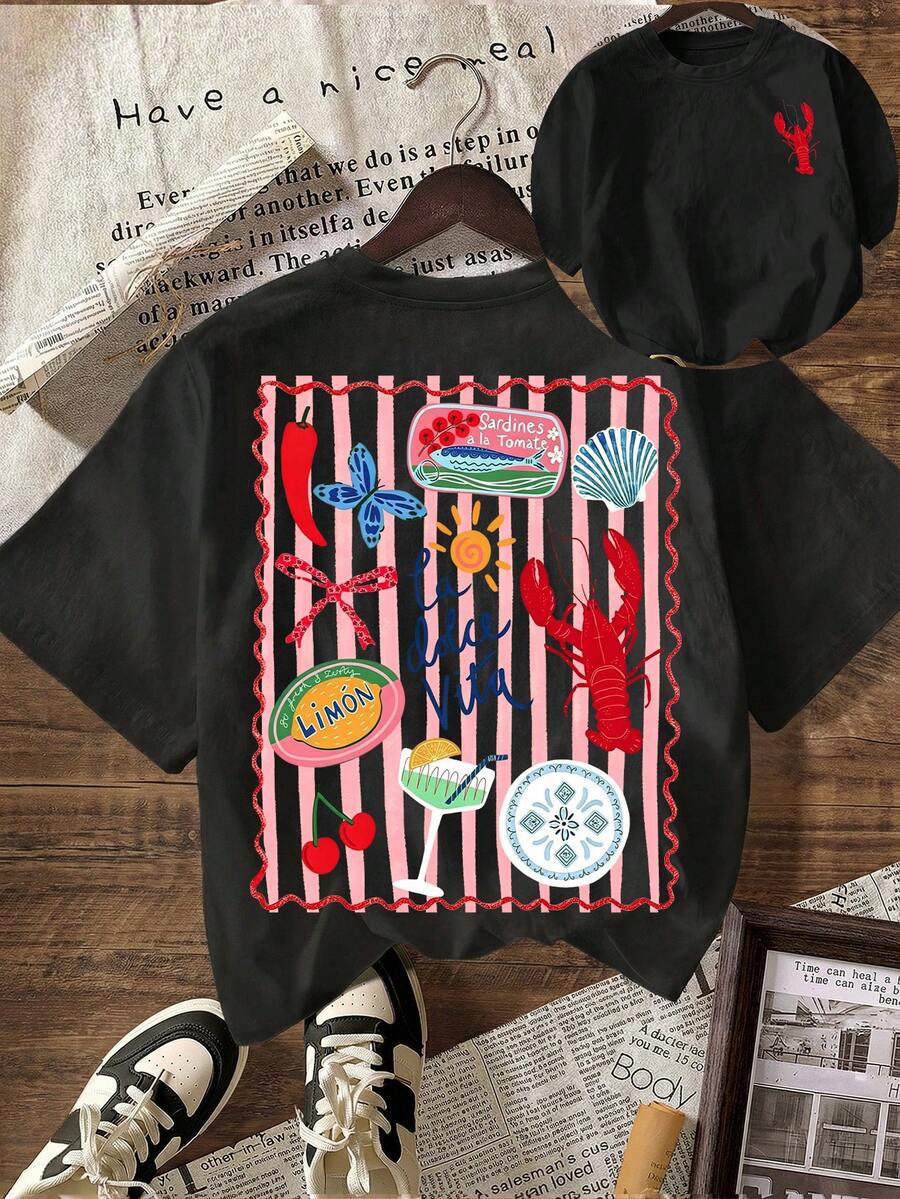 條紋龍蝦食物水果圖案女款夏季度假休閒圓領短袖極簡黑色T恤 - 黑色 - 查看 1