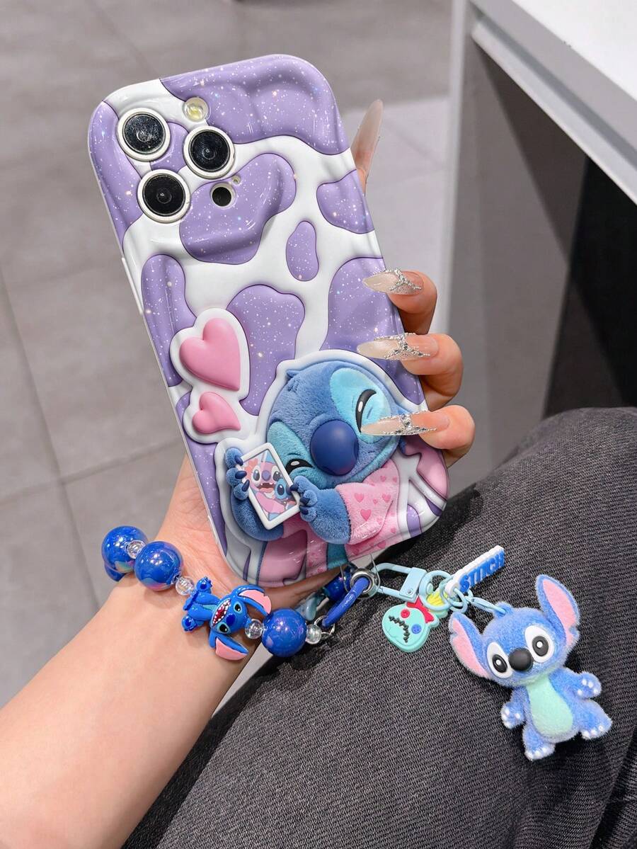 Disney Has Authorized, Phone Case - Chain Set, The Stitch Lilo & Stitch 3D Phone Case Plus A Silicone 3D Stitch Bracelet With Metallic Ring Removable Bracelet, Stitch And Angel Pattern, Compatible With Iphone17/16/15/14/13/12/11/XS/XR/X Plus Pro Max, A Stylish Cartoon Phone Case, The Perfect Gift Choice, Phone Protection, Durable Phone Cover, Great Gift For Friends And Family. - White - View 1