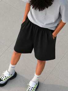 1pc Tween Boys Summer Outdoor Sports Casual Solid Color Knee-Length Shorts - Black - View 8