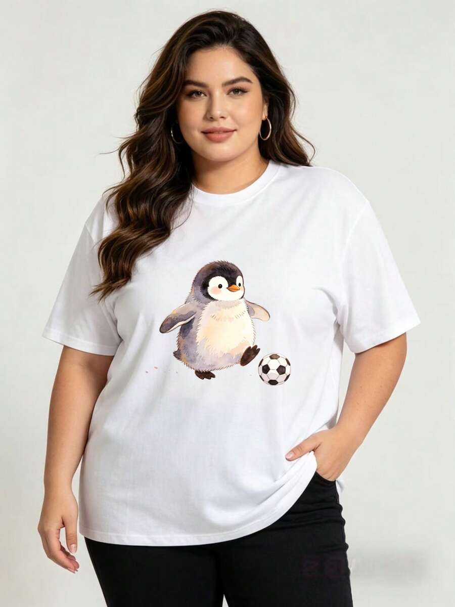 Women's Plus Size 100% Cotton Crew Neck T-Shirt With Adorable Animal Print (Penguin And Soccer Ball), Casual Summer Wear, Mother's Day Gift For Mom And Family, . - 白色 - 查看 1
