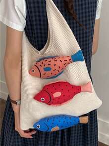 1pc White Tote Bag With 3D Fish Decoration, Large Capacity Casual Shoulder Handbag, Reusable Multi-Purpose Storage Bag, Cute Beach Tote For Summer Vacation, Daily Use, Shopping, Work, School & Travel, Lightweight & Durable Knit Shoulder Bag, Perfect Birthday/Holiday Gift For Her.,Back To School - Multicolor - View 3