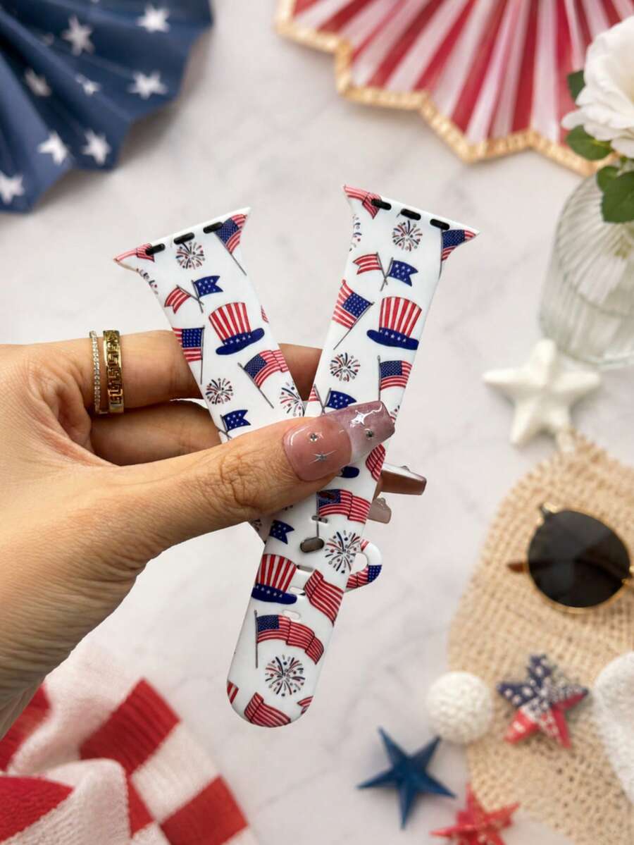1條美國國旗煙火帽子款柔軟舒適矽膠錶帶,適用於Apple Watch 38mm 40mm 41mm 42mm 44mm 45mm 49mm,適用於Apple Watch Series Ultra/S11/S10/SE/8/7/6/5/4/3/2/1,愛國美國國旗圖案中性時尚智慧手錶配件錶帶,日/節日慶祝禮物 - 彩色 - 查看 1