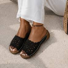 Women Summer Wedge Heel Thick Soled Bohemian Style Sandals Comfortable Platform Espadrilles For Beach Vacation - Black - View 4