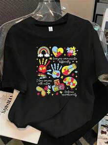 Top de mujer de manga corta y cuello redondo con estampado de retazos coloridos sobre fondo liso, apto para todas las estaciones. - Negro - Ver 1