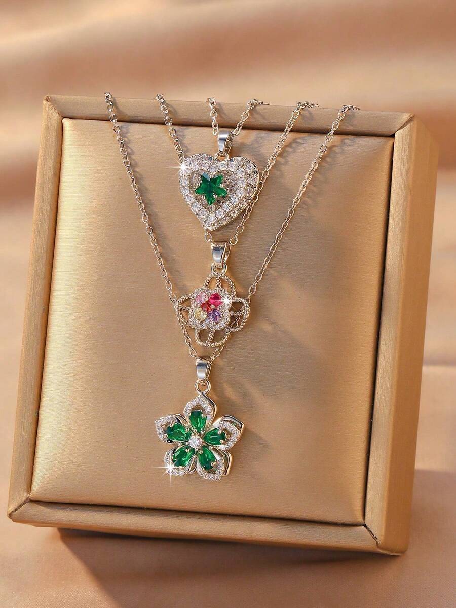 18K Gold Plated Green And Multicolor Cubic Zirconia Pendant Necklace Set, Women's Gold Plated Heart And Flower Shaped Sparkling Necklace, Elegant Everyday And Party Jewelry - Silver - View 1