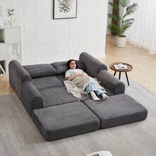 2-In-1 Corduroy Sofa Bed Cord-Zwei-In-Eins, With Two Pillows, Elegant Curved Armrests, Removable Footrest And Modular Arrangement. - 灰色 - 查看 5