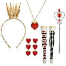 5pcs Queen Style Costume Accessory Set, Includes 1 Shiny Crown, 1 Heart Crown Necklace, Heart Earrings, Queen Wand And Poker Leggings, 1920s Ball Costume Props, Suitable For Cosplay And Costume Party, Applicable For Carnival, Stage Performance, Photography, Valentine's Day Gift, Christmas Gift, Etc. - Multicolor - View 3