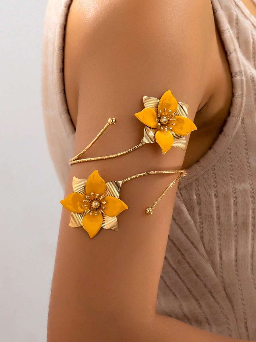 1 pieza Anillo de flor de doble cabeza de esmalte, estilo de vacaciones de lujo vintage, brazalete de flor exagerado personalizado de lujo ligero para mujer (pétalo 3D ajustable y amigable con la piel) - Amarillo - Ver 1