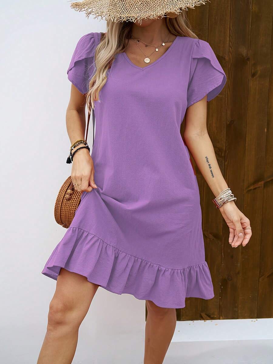 Women's Dress With V-Neck, Shell Sleeves And Ruffles - 磨砂黑 - 查看 1