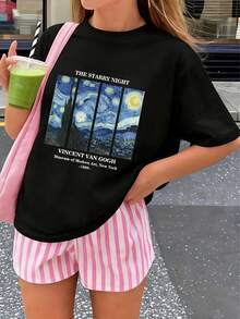 1件少女星形印花短袖T恤，舒适时尚的夏季上衣，适合年轻学生 - 黑色 - 查看 2