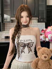 Korean Y2K Vintage Style Women's Leopard Print Bow Pattern Ruched Side Fitted Short Smooth Tube Top With Leopard Print Scarf Casual Summer White - White - View 5