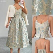 yonghongmaoyi1  Vestido elegante de mujer con tirantes de espagueti y estampado jacquard, adecuado para invitadas de boda, fiestas de noche y galas; Vestido elegante de fiesta de mujer con cuello en V y pliegues - Albaricoque - Ver 3