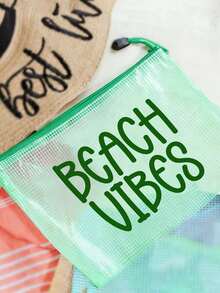 Bolsa de cosméticos de malla impermeable con estampado BEACH VIBES, bolsa de playa de tela de malla multicolor de moda, tema de playa. Bolsa de maquillaje de malla transparente con cremallera de nylon de gran capacidad, organizador de artículos de tocador de viaje ligero, bolsa de almacenamiento portátil para guardar protector solar, cuidado de la piel, herramientas de belleza, aperitivos, bikinis & artículos esenciales de playa, almacenamiento de primavera & verano - Multicolor - Ver 8