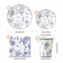 青花瓷花卉一次性派对用品，中式花卉印花纸质甜点盘，纸杯，纸巾，青花一次性盘子适合新娘送礼会，婚礼茶会，花卉派对装饰 - 彩色 - 查看 11