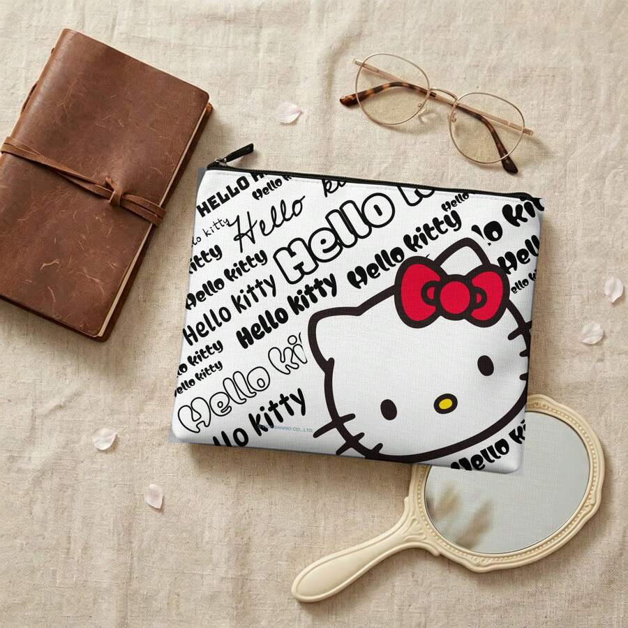 Miniso 三麗鷗 Hello Kitty 文字印花帆布化妝包,Logo 與角色拉鍊收納袋,適用於彩妝盥洗用品旅行收納 - 10x8.1英寸 - 查看 1