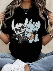 Disney Crew Neck  T Shirt Black Jack Skellington And Stitch Print Casual Wear For Women And Men - 黑色 - 查看 1