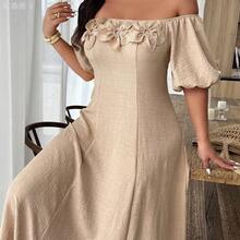 yonghongmaoyi1  Vestido de línea A con hombros descubiertos y ribete de contraste en la cintura, adecuado para uso diario y vacaciones, talla grande, primavera/verano - Marrón - Ver 4