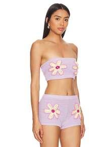 Women Summer 2 Piece Crochet Outfits Colorful Flower Embroidery Hollow Out Strapless Tops And Mini Shorts Set - Purple - View 6