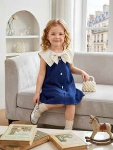 Gaun Tanpa Lengan dengan Kerah Warna Kontras untuk Anak Perempuan, Gaya Manis & Imut, Cocok untuk Dipakai di Musim Panas - Navy Blue - View 2