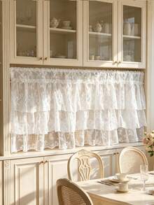1pc French Romantic White Floral Lace Ruffled Curtain For Small Window, 3-Layer Tiered Sheer Valance For Kitchen Cabinet , Rod Pocket Short Sheer Curtain For Cafe Farmhouse Decor - White - View 2