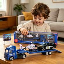 1:64比例 4件組警察運輸卡車玩具套裝，合金與塑膠壓鑄消防車、軍用車、警車與直升機模型，迷你摩擦動力工程拖車，兒童車輛玩具組，適合男孩與女孩的生日禮物 - 藍色 - 查看 2