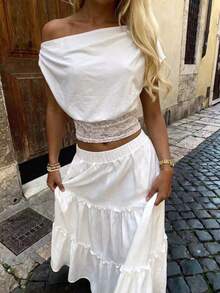 Áo croptop nữ gợi cảm thanh lịch phối ren trễ vai, áo thun croptop xếp ly trắng cho tiệc, du lịch và đi chơi - trắng - Xem 2