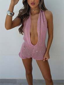 Women's Sexy Halter Deep V Neck Open Back Knit Romper, Sheer Mesh Tie-Back Bodycon Short Jumpsuit For Club  Vacation - Rosa - Ver 1