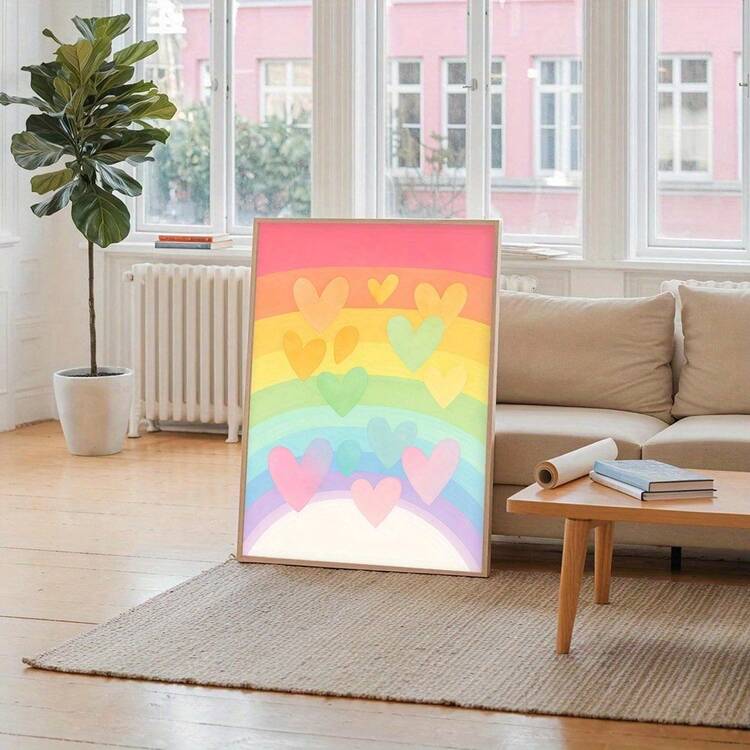1 bức tranh in canvas không khung hình trái tim cầu vồng màu pastel - trang trí tường hiệu ứng chuyển màu kỳ ảo cho phòng khách, phòng ngủ, trang trí phòng khách - A - Xem 2