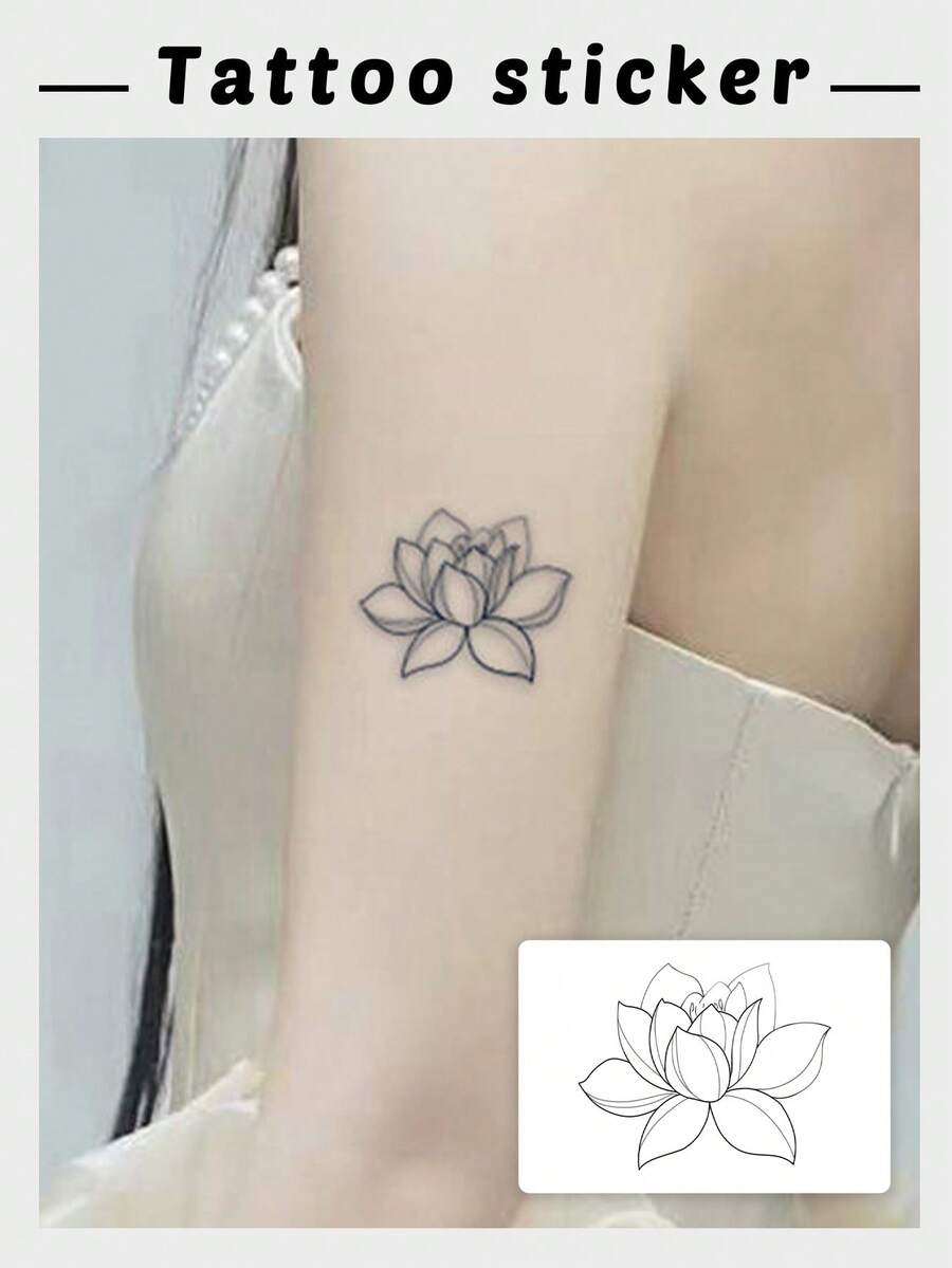 1 Pc Minimalist Lotus Flower Temporary Tattoo Sticker With Delicate Line Art Design, Waterproof Long Lasting Fake Tattoo, Spiritual Boho Body Art For Arms & Wrists - Black - View 1