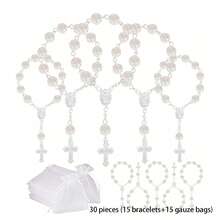30/60/90pcs/Set Rose Rosary Bracelet, Acrylic 3D Rose Bead Bracelet, Beaded Small Bracelet With Organza Bag, Suitable For Baptism Gifts, First Communion Gifts, Party Favors, Wedding And Other Celebrations 30 To 90pcs - Golden - View 9