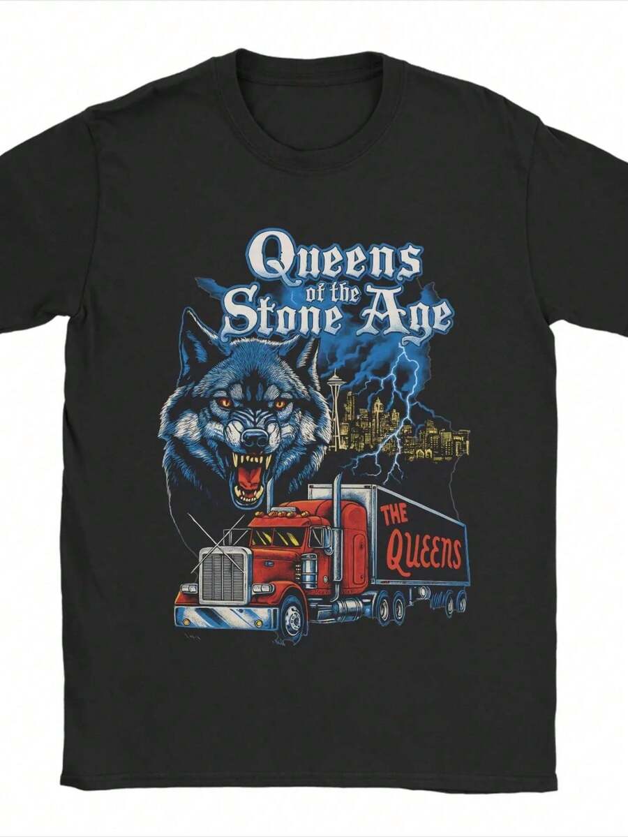 2026 Summer New Arrival [100% Cotton] Men's Queens Of The Stone Age Band T-Shirt, Vintage American Rock Music Cotton Tees, Printed Summer Tees, Oversized Tees. Loose, Casual, Fashionable, Suitable For Commuting, Daily Wear - 黑色 11 - 查看 1
