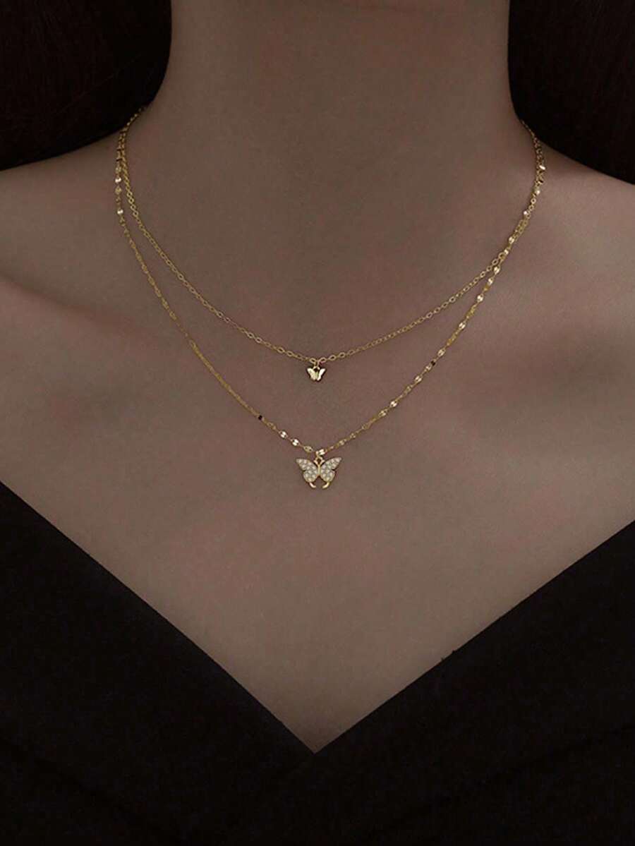 1 chiếc vòng cổ bướm hai lớp, dây chuyền xương đòn thời trang, thiết kế tối giản - Vàng - Xem 1