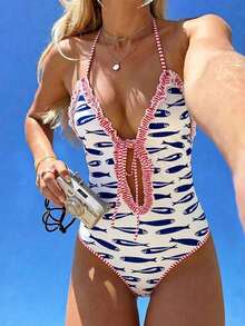 Swim Vcay Conjunto de bikini de verano para mujer, de punto, con estampado digital floral de unicolor, con tirantes finos, elegante y sexy, para fiestas y uso al aire libre - Multicolor 2 - Ver 1
