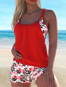 CURVASWIM Women's Floral Print Tankini Swimsuit Set - 藍色 - 查看 6