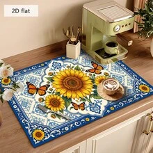 1pc Dish Drying Mat, Coffee Machine Mat, European Blue & White Floral Border With Sunflower & Butterfly Pattern, Durable, Highly Absorbent, Suitable For Dining Table, Cafe, Multi-Purpose Drainage Mat, Home Gift, Tabletop Decor - XYLSD-454 - View 4