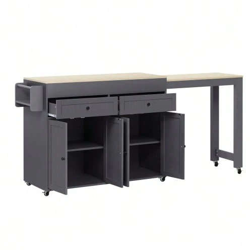 Kitchen Island On Wheels, Extendable Kitchen Island With Worktop And Drawers, Mobile And Freestanding Kitchen Island, Ideal For The Kitchen And Dining Room (Grey + Natural) - Grey - View 1