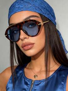 1 Pair Oversized Oval Metal Temple Women's Fashion Glasses Tortoiseshell Women's Eyewear Suitable For All Seasons Vacation Beach Accessory Daily Casual Versatile Glasses Outfit Accessory - Blue - View 4