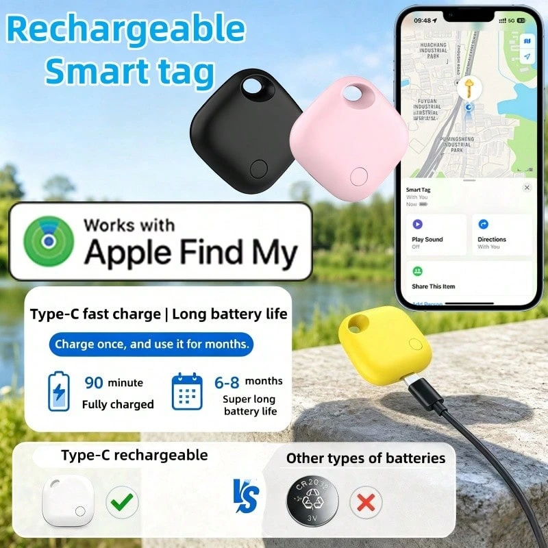 RSH 1 buah Tag Pelacak Pintar Bluetooth Isi Ulang, Bekerja dengan Apple Find My, Pencari Barang Anti-Hilang, Pelacak GPS Mini Pengisian USB-C untuk Kunci, Tas, Dompet, Koper, Kompatibel dengan iPhone atau iPad - Hitam - View 1