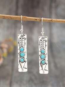 1 Pair Vintage Bohemian Long Arrow Inlaid Synthetic Turquoise Alloy Dangle Earrings - Antique Silver - View 7