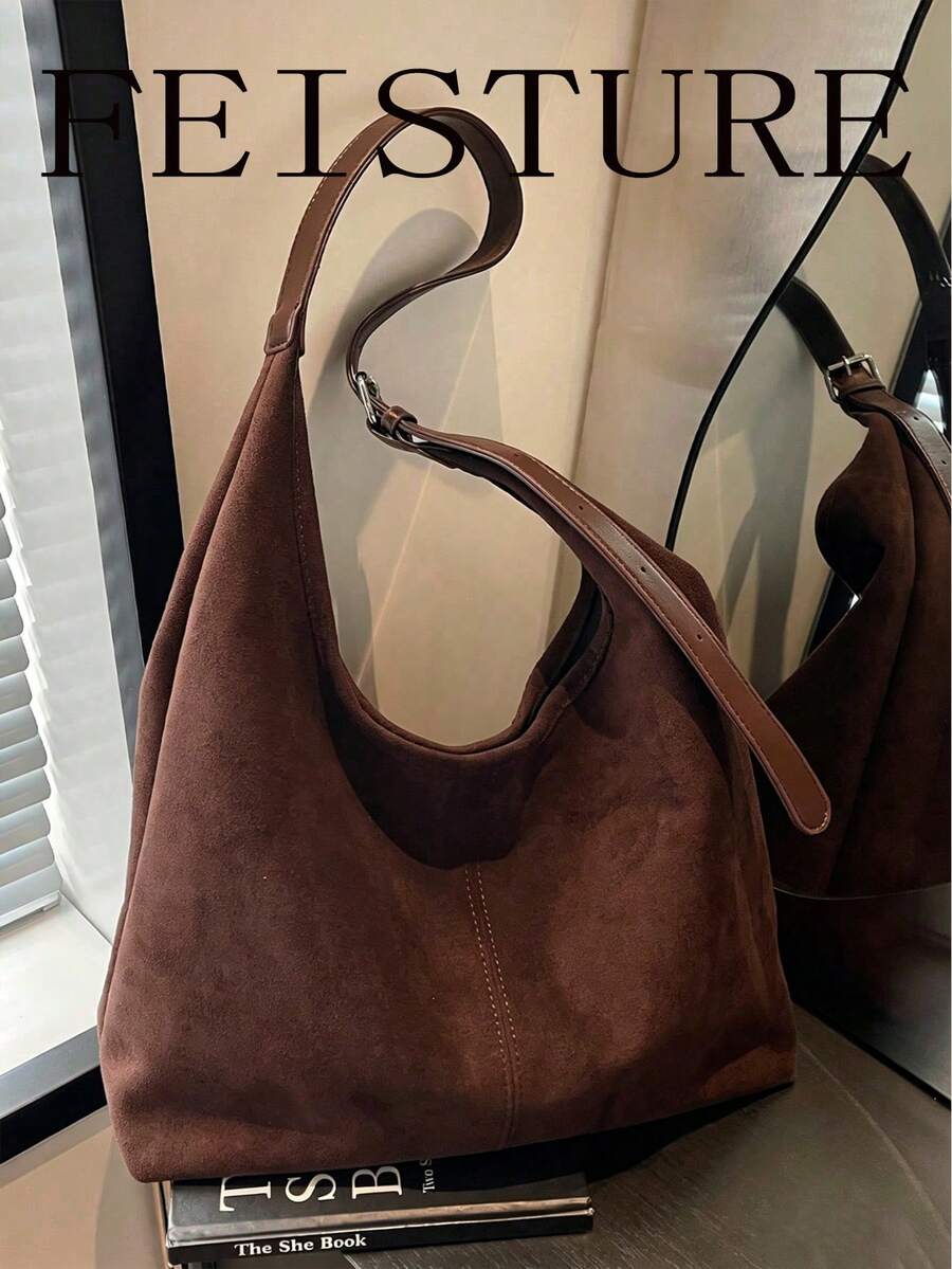 1pc FEISTURE Women Suede Large Capacity Underarm Bag Crossbody Sling Bag (With Small Pouch), Suitable For Girls, Ladies, College Students