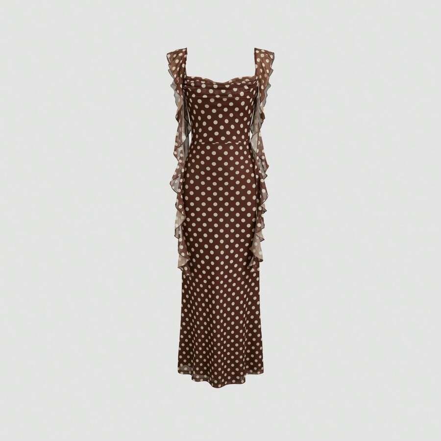 Elegant Slim-Fit Mesh Fishtail Dress With Delicate Ruffle Design For Women Party Evening Wedding Guest Cocktail Dresses - 咖色波點 - 查看 1