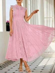 Women's Wedding Guest Dress, New And Elegant Fan-Shaped Lace Flared Dress, Retro Sleeveless Lace Dress, Suitable For Wedding Bridesmaid Dress, Evening Party, Casual Romantic Dates - 象牙白色 - 查看 5