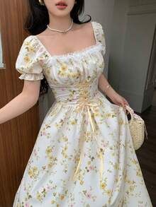 Elegant Long-Sleeved Dress With A Lace Collar And Fitted Hem, Featuring A Charming And Romantic Floral And Lace Design, Ideal For Holidays, Women's Dress - 磨砂黑 - 查看 2