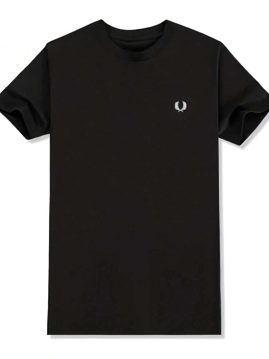 1 Piece, Loose-Fitting Cotton Shirt, Casual Shirt With Print. New Minimalist Crew Neck Men's Shirt 2026, Casual Streetwear With Discreet Chest Print, Breathable, Suitable For All Seasons, Ideal For The Gym, Office And Leisure, Machine Washable, Regular Fit, Plus Sizes, For Summer. - 黑色 - 查看 1