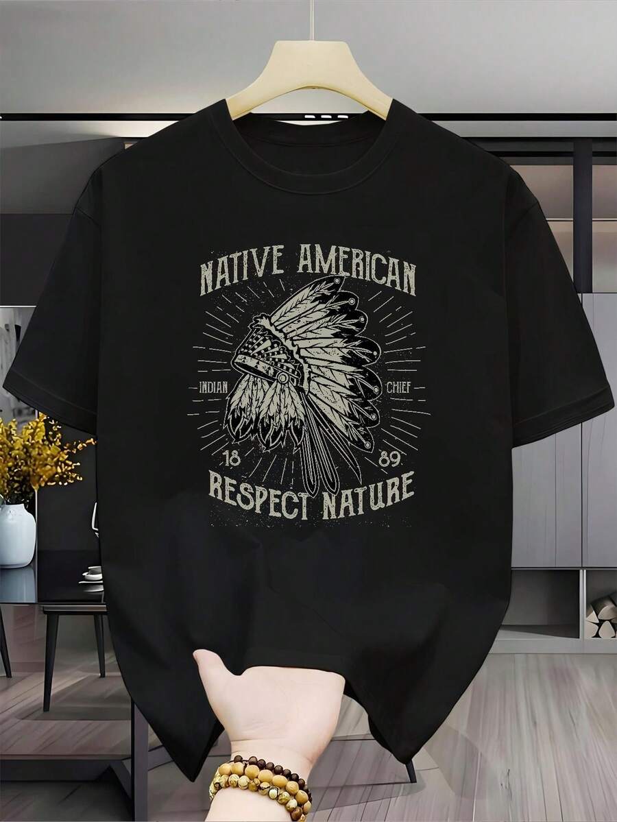 New Versatile Casual Fashion T-Shirt, 100% Cotton, Short-Sleeved Print - Men's T-Shirt With A Vintage-Style Chief Feather Design, Unisex (For Men And Women), Comfortable Material, Short-Sleeved Top, Suitable For All Seasons. Perfect Gift For Holidays Or Birthdays - Unisex Style. - 黑色 - 查看 1
