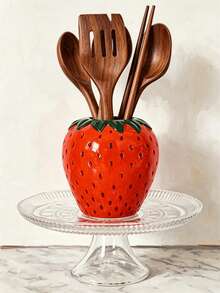 1pc Strawberry Shaped Ceramic Kitchen Utensil Holder, Large Capacity Cooking Utensil Can, Suitable For Kitchen Countertop, Ceramic Kitchen Utensil Storage Rack, Can Store Spatulas And Other Items, Kitchen Home Decor - Vintage Red - View 7