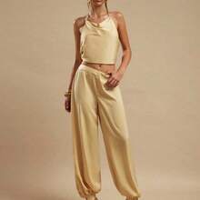 Pantalones de satén elegantes tipo farol para mujer, color amarillo jengibre, corte slim, apropiados para salir, brunch, verano, bodas, luna de miel, vacaciones en la playa - Granada - Ver 7