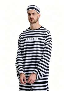 1 Set Uniforme de prisionero de estilo anime para Halloween, disfraz clásico de raya de convicto para actuación en el escenario para hombres - Blanco y Negro - Ver 1